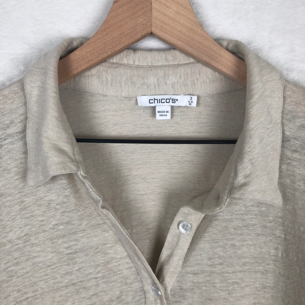 CHICO's Linen Slub Knit Crochet Lace Trim Button Up Top Women's Size 3 16 S/S - Picture 3 of 8